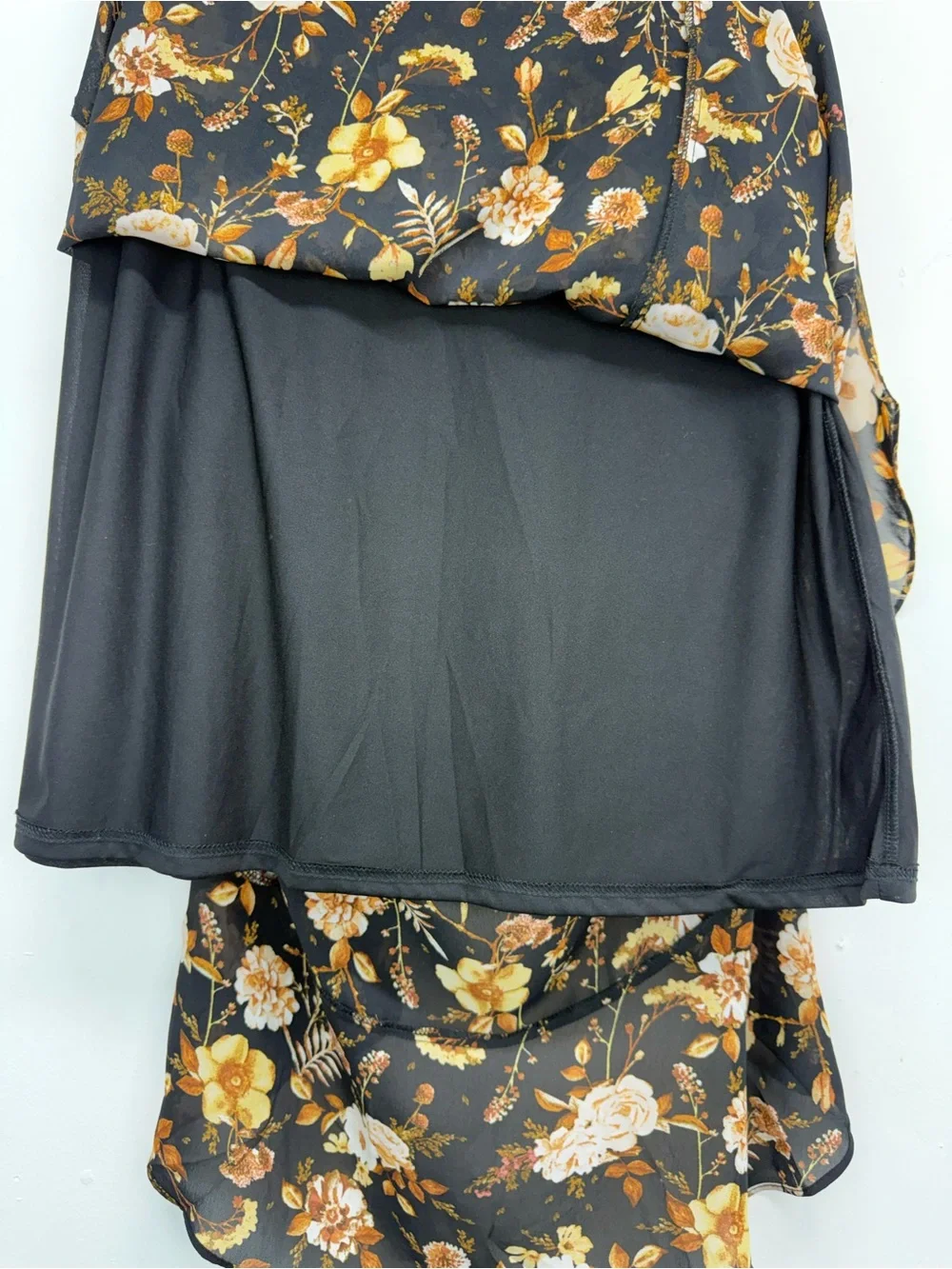 Cato size Medium Women’s Boho Chic Black Yellow Floral Ruffle Faux Wrap Skirt
